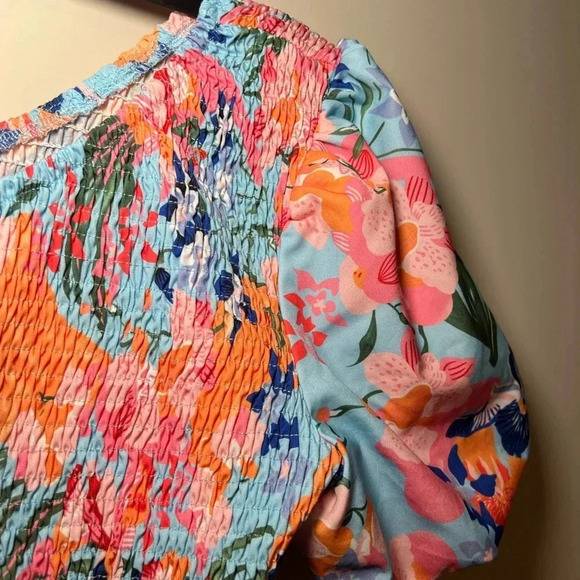 Floral Tropical One Shoulder Smocked Dress midi wedding guest travel - Picture 4 of 9